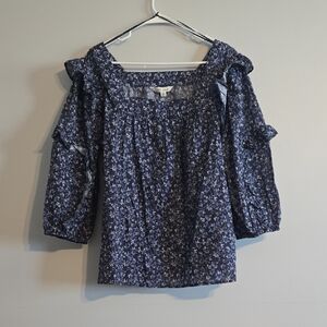 The Pioneer Woman Square Neck Ruffle Sleeve Blouse, Floral Denim Blue, XL, NWT